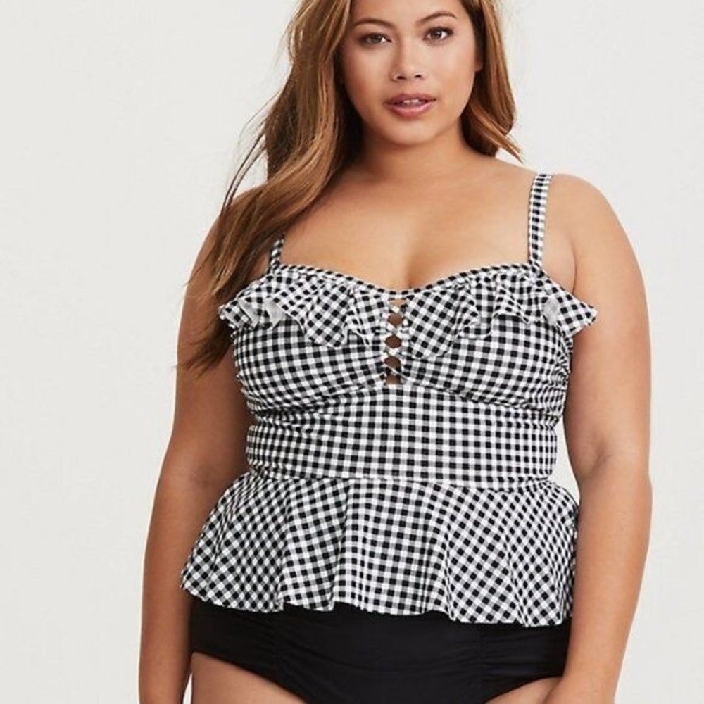 Torrid Swim Top 3X Womens Gingham Checkered Black White Peplum Tankini